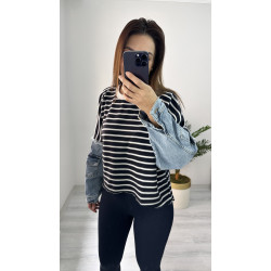 Denim Detaylı Çizgili Sweat