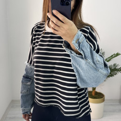 Denim Detaylı Çizgili Sweat