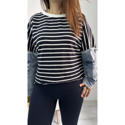 Denim Detaylı Çizgili Sweat