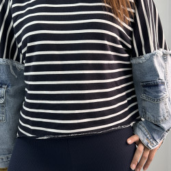 Denim Detaylı Çizgili Sweat